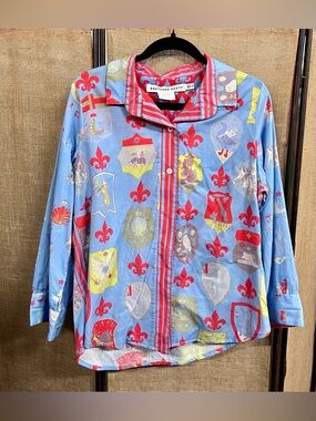 Gretchen Scott Sky-Blue Crest Print Button Front Top XL